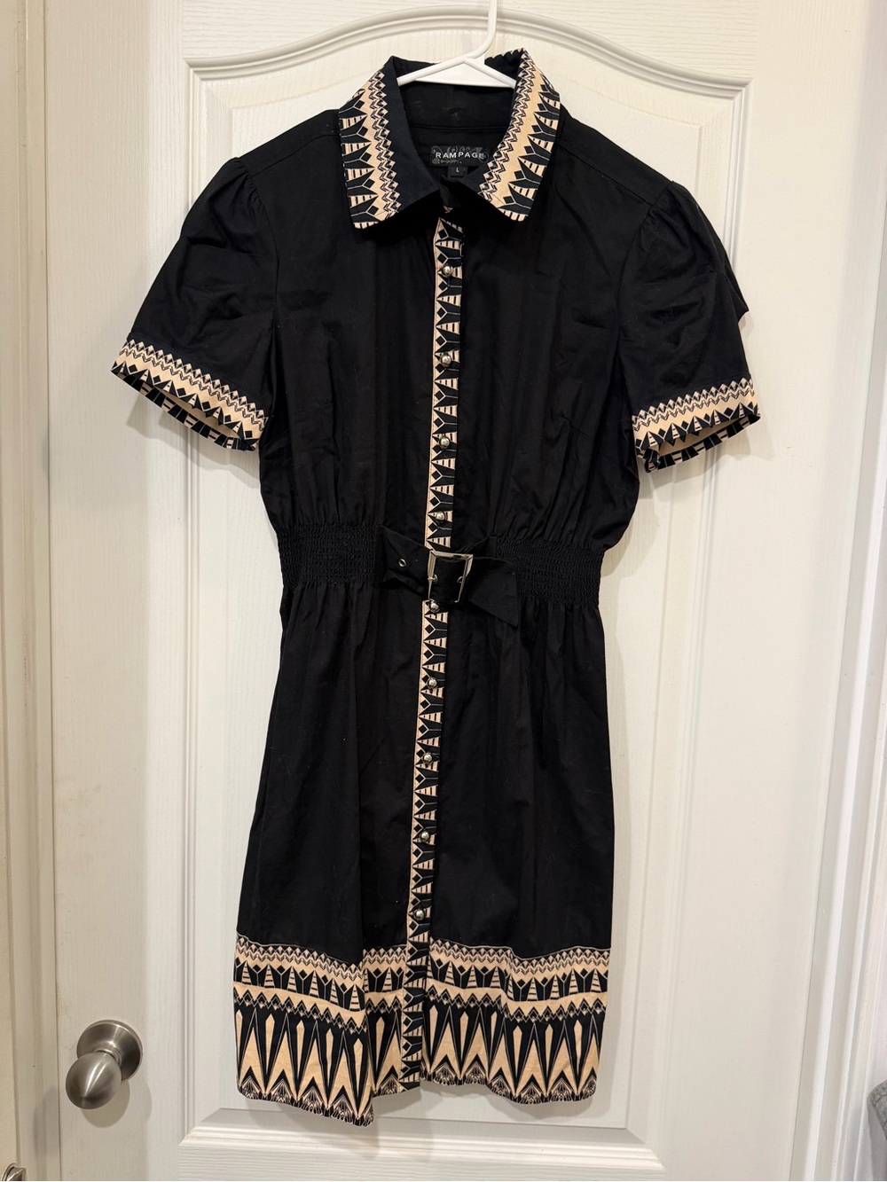 Rampage Black Mini Shirt Dress with Cream Geometric Trim